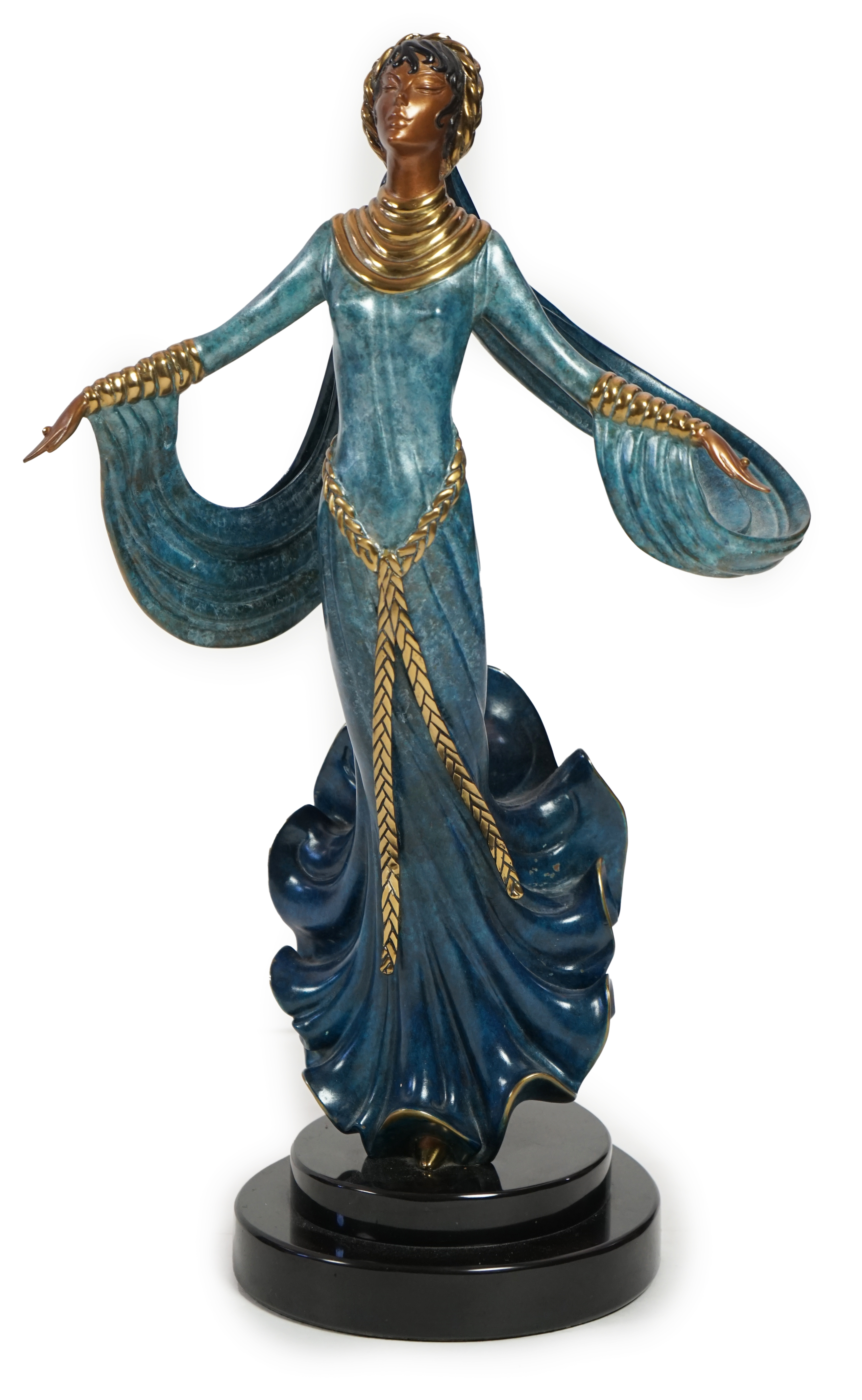 Romain de Tirtoff Erté (Russian, 1892-1990), a cold painted bronze figure ‘Ecstasy’, signed and numbered 86/500 and dated 1989, cast for Seven Arts London, on a stepped marble plinth, 30cm wide, deep 24cm, 50cm high. Con